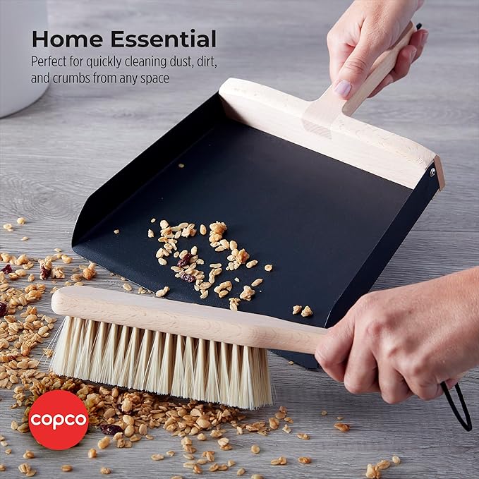Copco Hand Brush and Dustpan Set - Wooden Beechwood Handle Broom and Dust Pan with Soft Bristles, Leather Loop Hanging Storage, Iron Dustpan, Kitchen and Home Cleaning Essentials