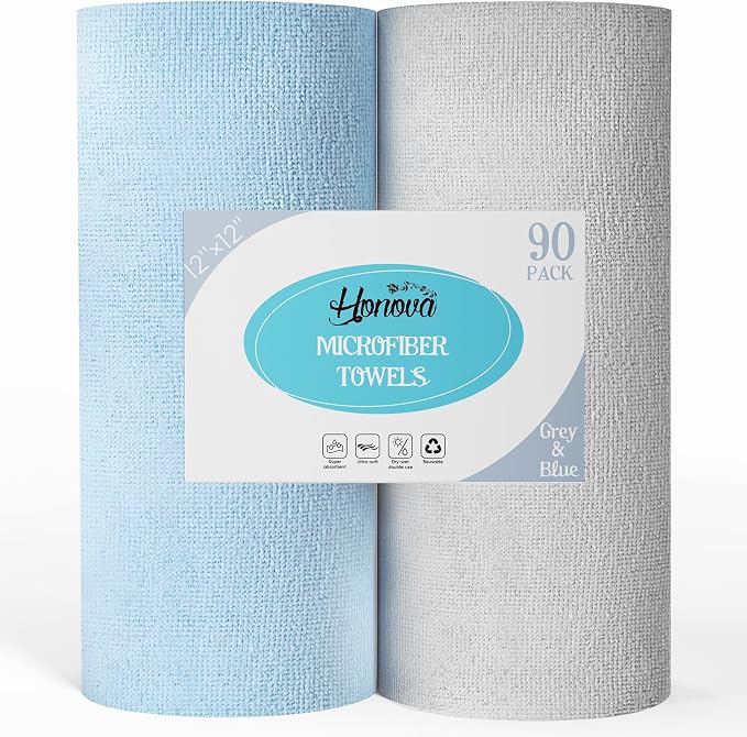 Microfiber Cleaning Cloth Roll 90 Pack, 12"×12", Tear Away, Blue & Grey | Tear Away, Reusable, Highly Absorbent, Lint Free,Washable, All-Purpose for Kitchen, Window, Car, Shop
