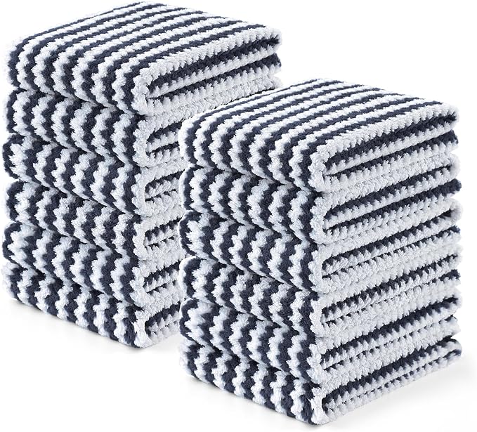 Homaxy Kitchen Towels(12 Pack, 10 x 20 inches), Ultra Soft and Absorbent Dish Towels, Reusable Fast Drying Microfiber Cleaning Cloth, Coral Velvet Wave Design No-lint, Dark Grey