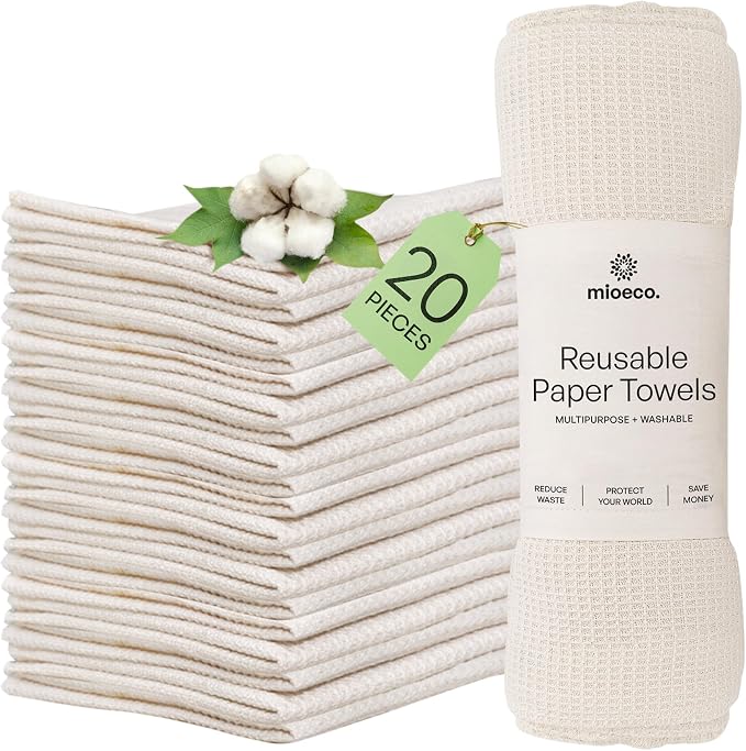 mioeco 20 Pack Reusable Kitchen Paper Towels Washable - Super Absorbent Natural Paper Towels - Natural Cotton - Reusable, Paperless Kitchen Dish Cloths - 100% Organic
