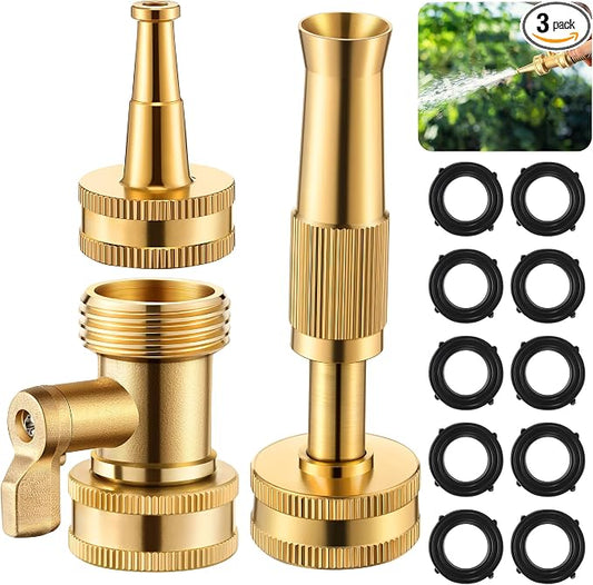 3 Pcs Brass Hose Nozzle Kit, Adjustable Twist Garden Hose Nozzle with High Pressure Jet Spray, Brass Shut off Valve, 10 Rubber Washers, 3/4 Inch Ght for Watering Plants, Car Wash, Cleaning