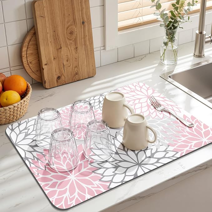 Findosom Dish Drying Mat, 12" x 20" Super Absorbent Dish Mat with Floral, Hide Stain Drying Mat for Kitchen Counter, Under Dish Rack, Coffee Maker, Espresso Machine, Pink