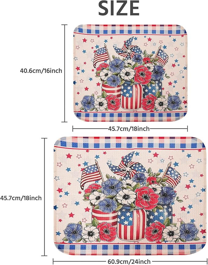 Dish Drying Mat for Kitchen Counter 16x18 Inch, Super Absorbent Dish Drainer Mat, Decorative Microfiber Dishes Drying Pad-Small(Flag and Star)