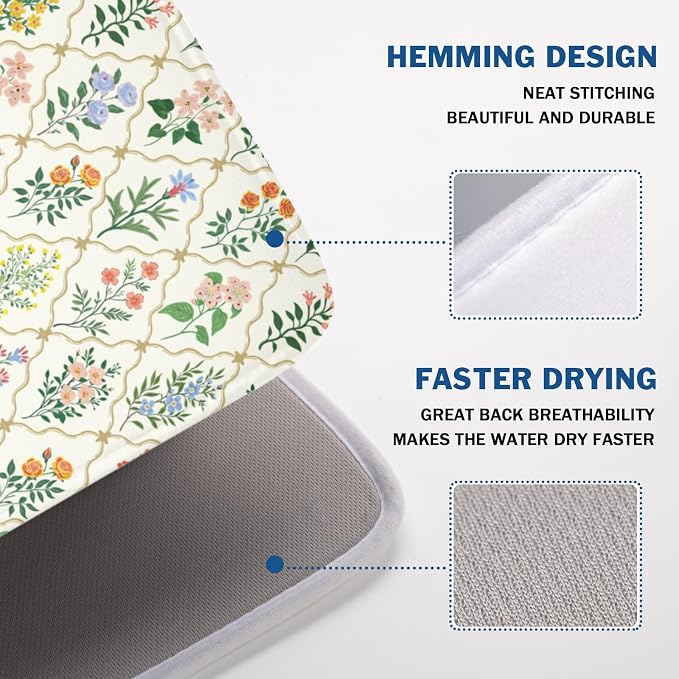 Floral Dish Drying Mat for Kitchen Counter Spring Summer Wild Flowers Diamond Pattern Microfiber Dish Drainer Mat Rustic Absorbent Washable Drying Pad Extra Large 18"x24"