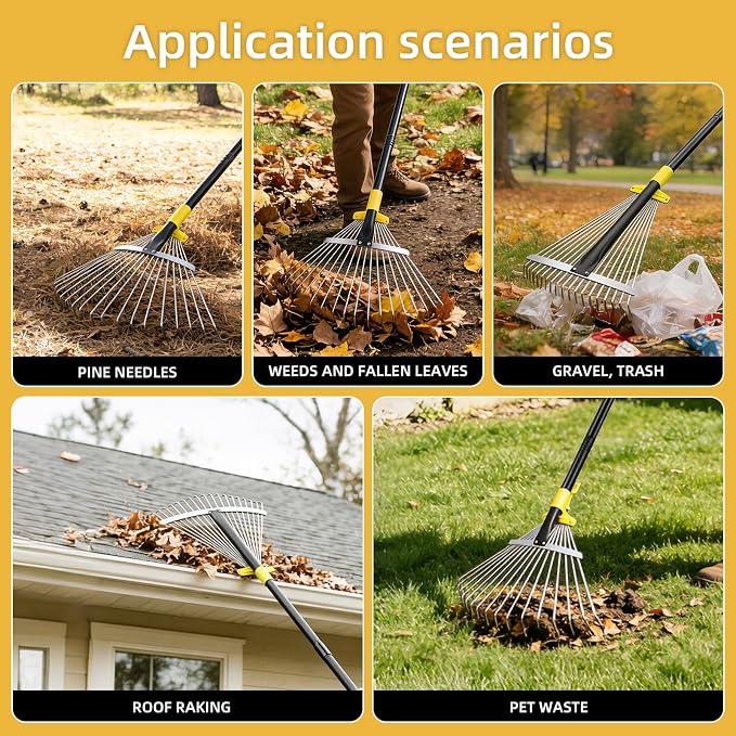 Byhargen Adjustable Metal Leaf Rake, Heavy Duty Garden Rake with Wide & Narrow Modes, Rustproof Steel Head, Adjustable Handle for Lawn Care, Yard Clean Up, and Mulch Spreading