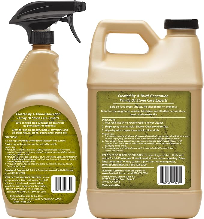 Granite Gold Shower Cleaner Spray for Quartz, Granite, Marble, Ceramic, and Other Stone Tub Surfaces, 64 Fl Oz & 24 Fl Oz