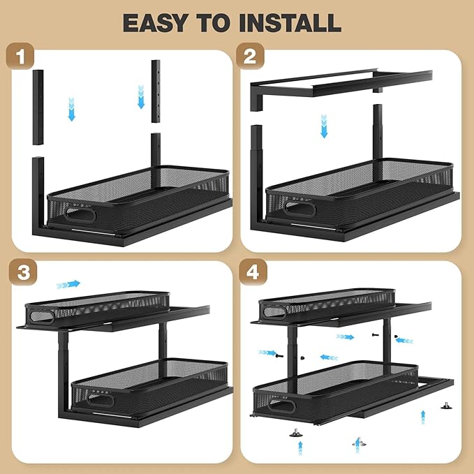 2-Pack 21.3 IN Depth Under Sink Organizer With Next-Gen Ball-Bearing Slides,Sophisticated Mesh 2-Tier Pull Out Shelf for Kitchen & Bathroom,Fits Small Items-Black