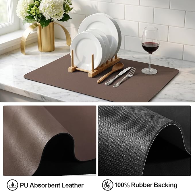 Ecotrim - Dish Drying Mat for Kitchen Counter | Coffee Bar Mat for Countertops | Heat Resistant Drainer Mat with Non-slip Rubber Backed | Hide Stain Kitchen Absorbent Draining Mat | Brown 18"x32"