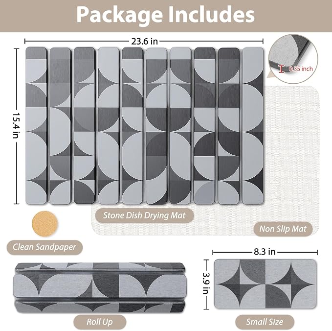 Large Stone Dish Drying Mat for Kitchen Counter, Quick Dry Diatomaceous Earth Dish Drying Pad, Foldable Water Absorbing Organizer Pad for Plates Bottles Utensils (Dark Gray Geometric 24"×16" & 8"×4")
