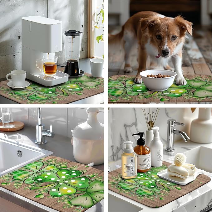 St Patricks Day Wooden Plank Texture Shamrock Dish Drying Mat St Patrick Eucalyptus Leaves Clover Dish Drying Pad for Kitchen Counter Absorbent Microfiber Dishes Drainer Rack Mats 18x24 Inch