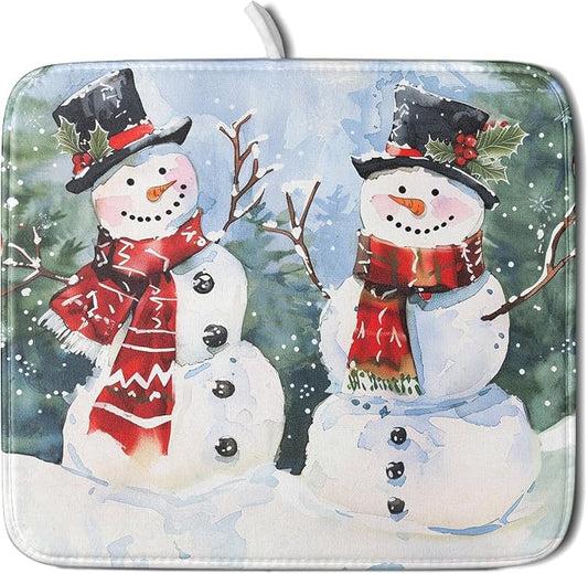 Winter Dish Drying Mat 16 x 18 Inch Xmas Snowman Pattern Dish Drying Pad Absorbent Microfiber Mats for Christmas Dish Rack Pad for Kitchen Counter Coffee Bar Decor