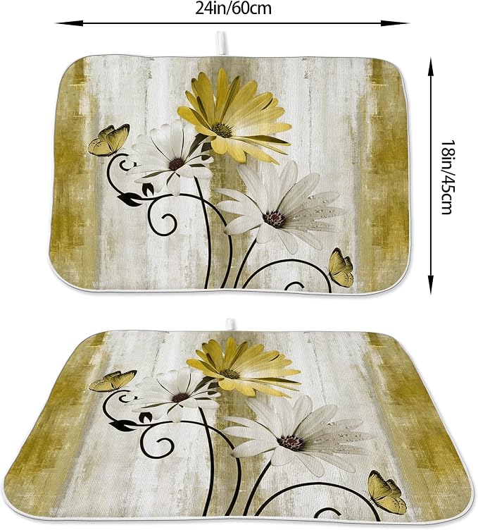 Floral Dish Drying Mat 18x24 Inches For Kitchen Counter Yellow Daisy Flower Kitchen Decoration Drying Mat Modern Decorative Drying Pad For Home Kitchen Decor,Dining Room,Office Decor