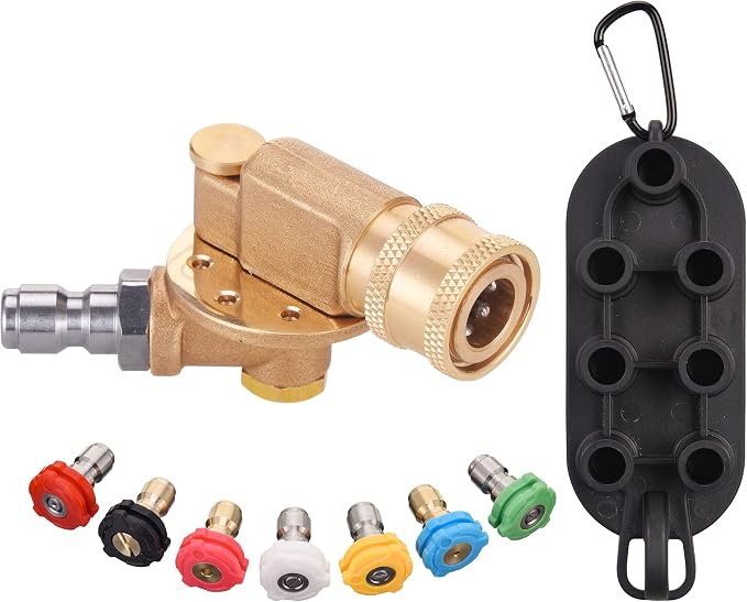 PWACCS 240° Swivel Coupler & 7 Nozzle Set for Pressure Washer, 4500 PSI | 1/4" Quick-connect Brass Fitting, For Gutters, Cars and Patios, Includes Nozzle Holder, Power Washer Pivoting Coupler Kit