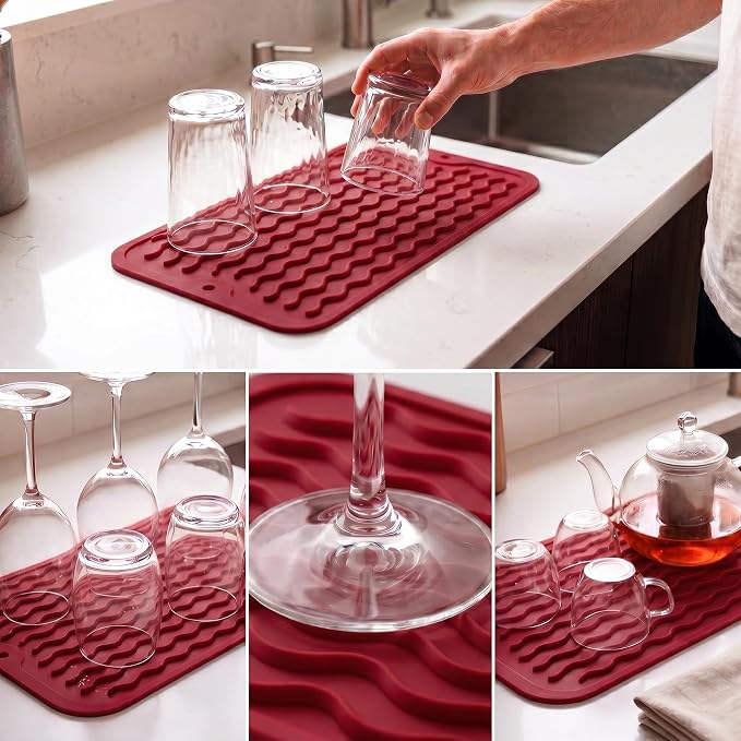MicoYang Silicone Dish Drying Mat for Multiple Usage,Easy clean,Eco-friendly,Heat-resistant Silicone Mat for Kitchen Counter or Sink,Refrigerator or Drawer Liner Red S 12 inches x 6 inches