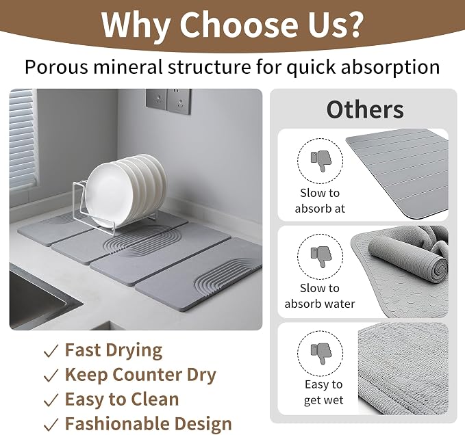 Foldable Stone Dish Drying Mat for Kitchen Counter, Diatomaceous Earth Drying Mat with Non-Slip Backing, Heat Resistant Multifunctional Mat for Kitchen & Bathroom, Instant water absorption-(24"×16")