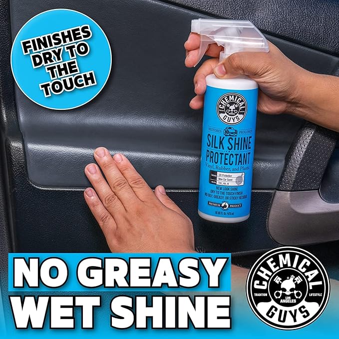 Chemical Guys, Silk Shine Vinyl, Rubber & Trim Satin Dressing, 16 oz, 2 Pk | Dries to a natural satin look with no greasy sling, works indoors and out on dashboards, door panels, bumpers and tires