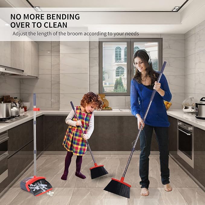 Broom and Dustpan Set 52-in Long Adjustable Handle Broom Dustpan Combo | Upright Dustpan with Teeth to Automatically Clean Hair, Suitable for Home Kitchen Office Hall Floor Lobby(Purple&Red)