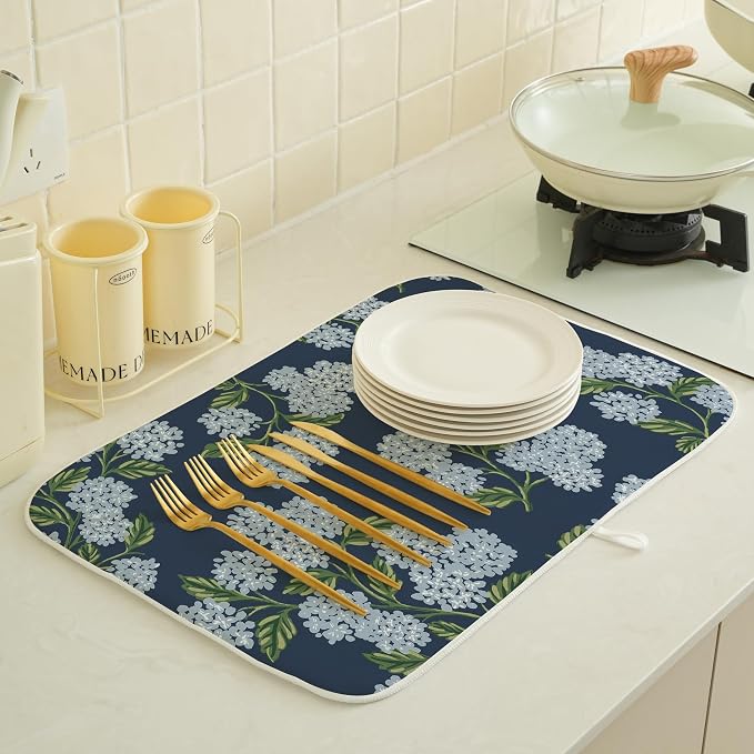 Spring Dish Drying Mat 18x24 Inches For Kitchen Counter Absorbent Blue Hydrangea Floral Kitchen Decoration Summer Flower Drying Mat Pad For Home Kitchen,Dining Room,Office Decor