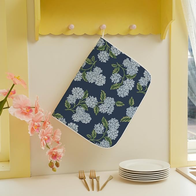 Spring Dish Drying Mat 18x24 Inches For Kitchen Counter Absorbent Blue Hydrangea Floral Kitchen Decoration Summer Flower Drying Mat Pad For Home Kitchen,Dining Room,Office Decor