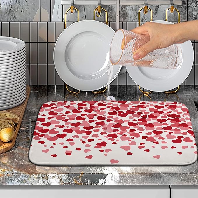 Valentines Dish Drying Mat Pink Red Love Hearts Valentine Drying Mats for Kitchen Counter Absorbent Microfiber Reversible Dish Draining Mat Medium Dishes Pad 16 X 18 Inch