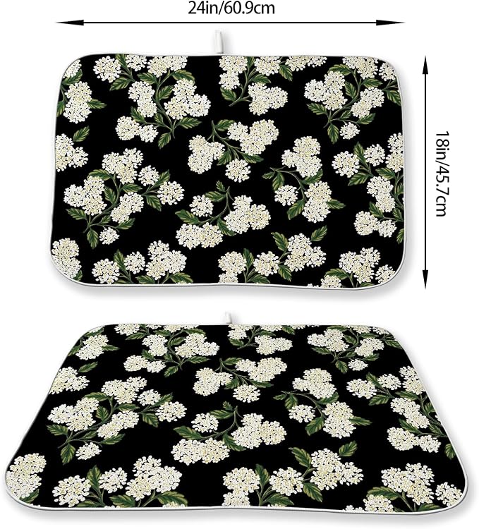 Black Dish Drying Mat 18x24 Inch Green Vintage Floral Hydrangea Flower Drying Mat Spring Summer Seasonal Absorbent Dish Drying Pad Dish Rack Drainer Mats for Kitchen Dining Counter