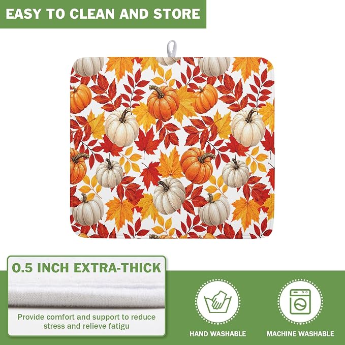 Fall Pumpkin Dish Drying Mat for Kitchen Counter 16x18 Inch Autumn Pumpkins Maple Leaves Drying Mats Thanksgiving Absorbent Reversible Dish Pad Fast Dry Drainer Mat Protector for Countertop Coffee Bar