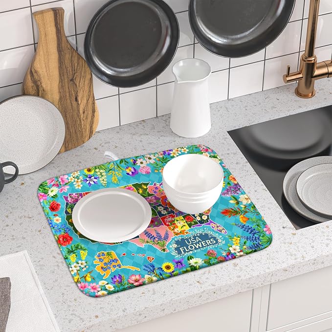 Flower Map Dish Drying Mat American Floral Decoration Coffee Mat for Kitchen Counter