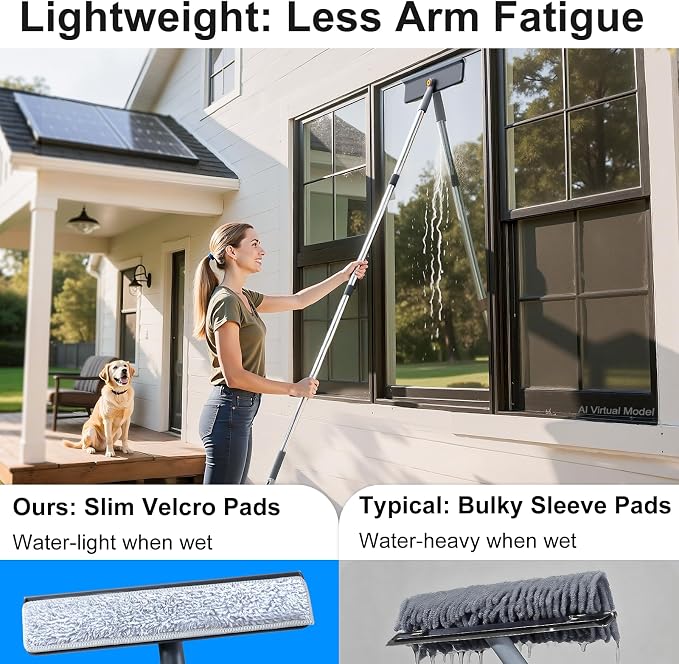 3-in-1 Window Squeegee for Home - 60" Window Cleaning Kit with 3 Microfiber Cloths & Screen Brush, All-in-1 Cleaner Tool for Outdoor Windows, Glass Door & Screens, Lightweight & Easy Storage