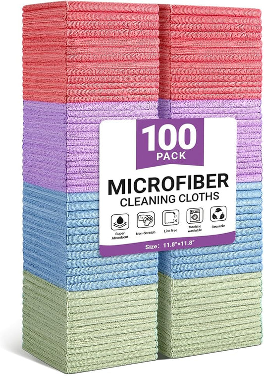 SIFANGKE Microfiber Cleaning Cloth, 100 Pack Assorted Color Cleaning Rags for Housekeeping, Colorful Reusable Microfiber Towels for Car, Kitchen, Bathroom and Household Cleaning Supplies, 11.8"X11.8"