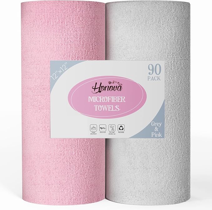 Microfiber Cleaning Cloth Roll 90 Pack, 12"×12", Reusable, Pink & Grey | Tear Away, Highly Absorbent, Lint Free, Reusable & Washable for Kitchen, Window, Car, Shop