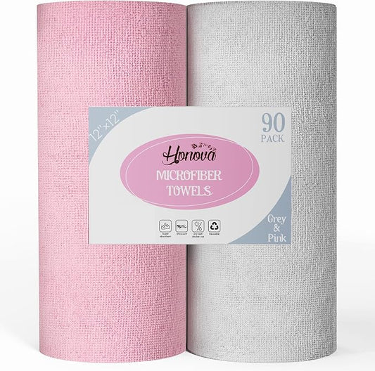 Microfiber Cleaning Cloth Roll 90 Pack, 12"×12", Reusable, Pink & Grey | Tear Away, Highly Absorbent, Lint Free, Reusable & Washable for Kitchen, Window, Car, Shop