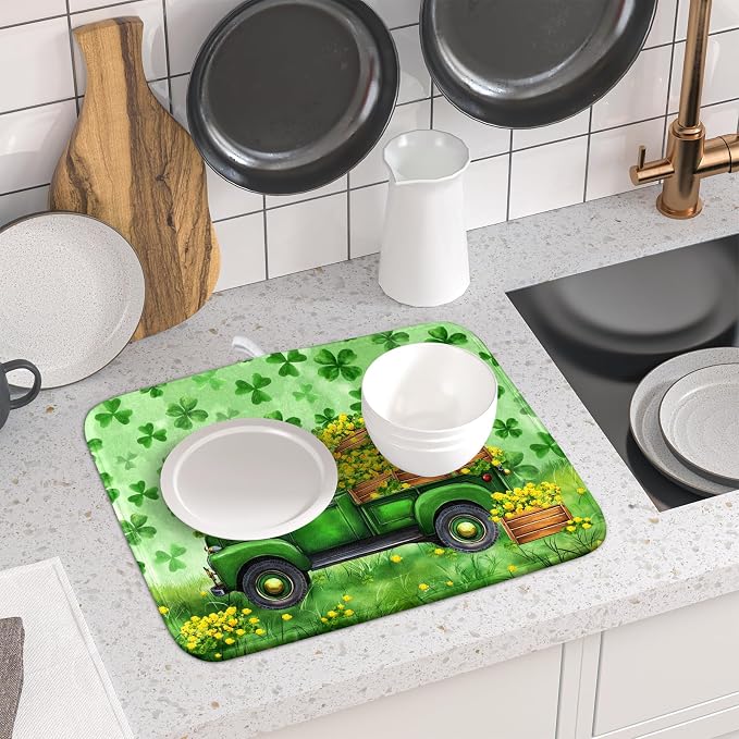 Holiday Truck Drying Dish Mat Green Lovely Clovers Decoration Cloth Dish Drain Mat Small