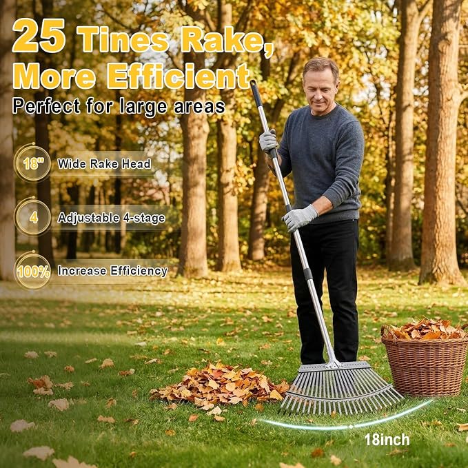 18-Inch Wide Heavy Duty Adjustable Yard Leaf Rake with 62-Inch Long Handle | Large Metal Leaf Rake, Rastrillo para Jardin for Lawn Yard Grass, Flower Beds, Outdoor Use