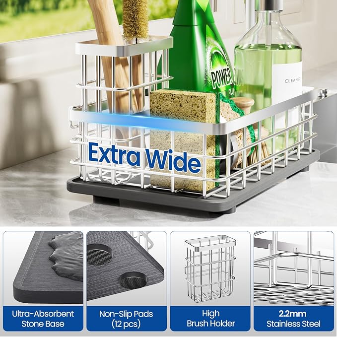 Extra Large Kitchen Sink Caddy Organizer, Stainless Steel Sponge Holder for Kitchen Sink with Brush Holder, Diatomite Stone Sink Tray for Soap Dispenser, Sponge, Bathroom Countertop Organizer, Silver