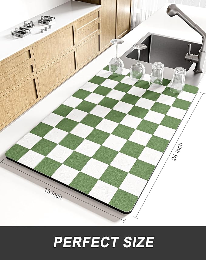 Rnivvi Dish Drying Mat for Kitchen Counter, XL 15 x 24" Cute Checkered Absorbent Draining Pad, Non-Slip Heat Resistant Coffee Bar Mat for Coffee Machine Station Accessories, Green White Dish Rack Pad