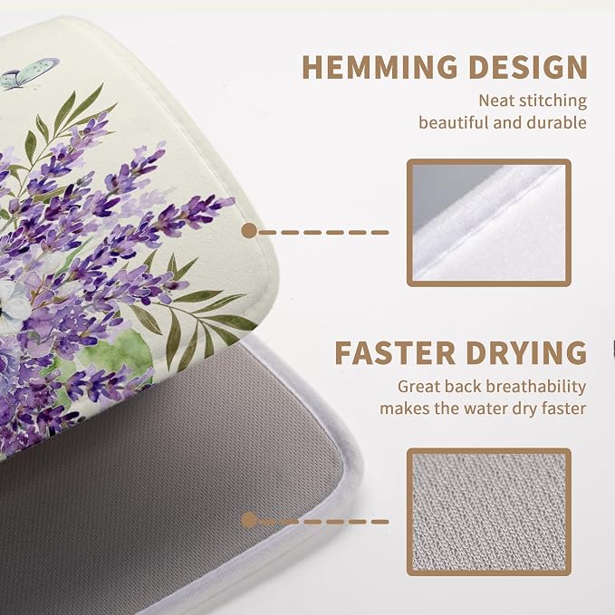 Spring Lavender Floral Dish Drying Mats Spring Summer Dish Mat Purple Flowers Butterfly Drying Matt Dishes Dryer Pad for Kitchen Counter Absorbent Microfiber Washable Foldable Reusable 18x24 in