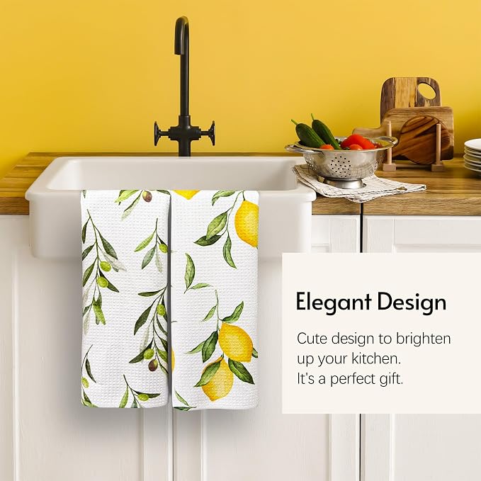 Eulnars Kitchen Towels, Premium Dish Towels for Kitchen Drying, 18" x 30" Microfiber Kitchen Towel Set, Quick Dry Tea Towels, Watercolor Lemon Series, 2-Pack