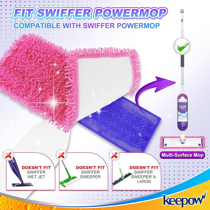 KEEPOW 4 Pink Reusable Mop Pads Compatible with Swiffer PowerMop | Mop Refill Pads Replacement for Swiffer Power Mop Spray Mop Pads for Multi-Surface Floor Cleaning