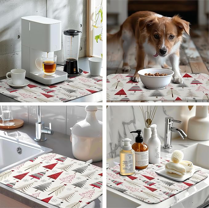 Christmas Dish Drying Mats for Kitchen Counter Xmas Tree Drying Mat Winter Holiday Dishes Drying Pad Microfiber Absorbent Dish Draining Mat Washable Dish Drainer Rack Mat 18x24 Inch