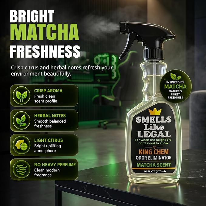 Smells Like Legal™ Matcha Odor Eliminator Spray - Powerful Commercial-Grade - Eliminates Smoke, Pet & Food Odors at source - Fabric-Safe, Non-Staining - Biodegradable Air & Fabric Freshener -16 oz | Commercial-Grade, Eliminates Smoke, Pet & Food Odors,...