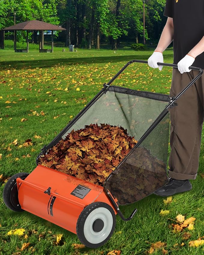 Garvee 21 Inch Push Lawn Sweeper, 3.5 Cu. Ft. Hopper Capacity Grass Sweeper, Manual Push Yard Sweeper with Height Adjustment & 4 Fast Spinning Brushes for Grass Clippings, Leaves & Debris, Orange | Manual Push Yard Sweeper with Height Adjustment & 4 Fa...