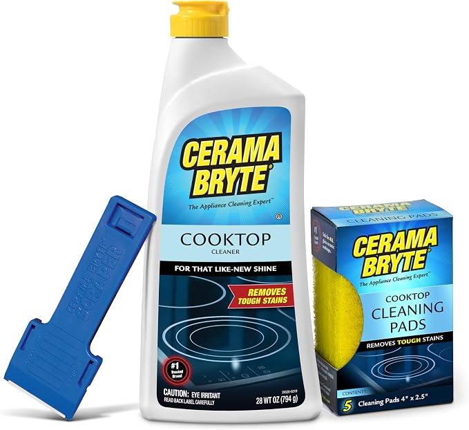 Cerama Bryte Ceramic Cooktop Cleaner (28 oz), Scraper and 5 Cleaning Pads Combo Kit