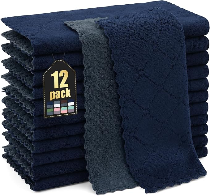 Homaxy 12 Pack Kitchen Cloths Dish Towels (10" x 10", Dark Grey & Navy Blue), Super Soft and Absorbent Dish Cloths, Coral Velvet Microfiber Cleaning Cloth, Nonstick Oil Fast Dry Dishcloths