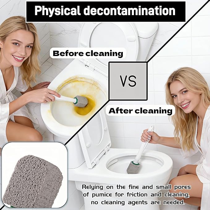 Pumice Stone Toilet Bowl Cleaner with Long Handle, 9.65 Inch, Includes 1 Handle and 3 Pumice Stones, Hard Water Stain Remover for Toilet, Bathtub, Tile, Grill