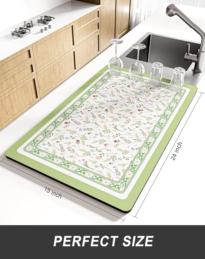 Rnivvi Dish Drying Mat for Kitchen Counter, XL 15 x 24" Cute Flower Theme Absorbent Draining Pad, Non-Slip Heat Resistant Coffee Bar Mat for Coffee Machine Station Accessories, Green Dish Rack Pad