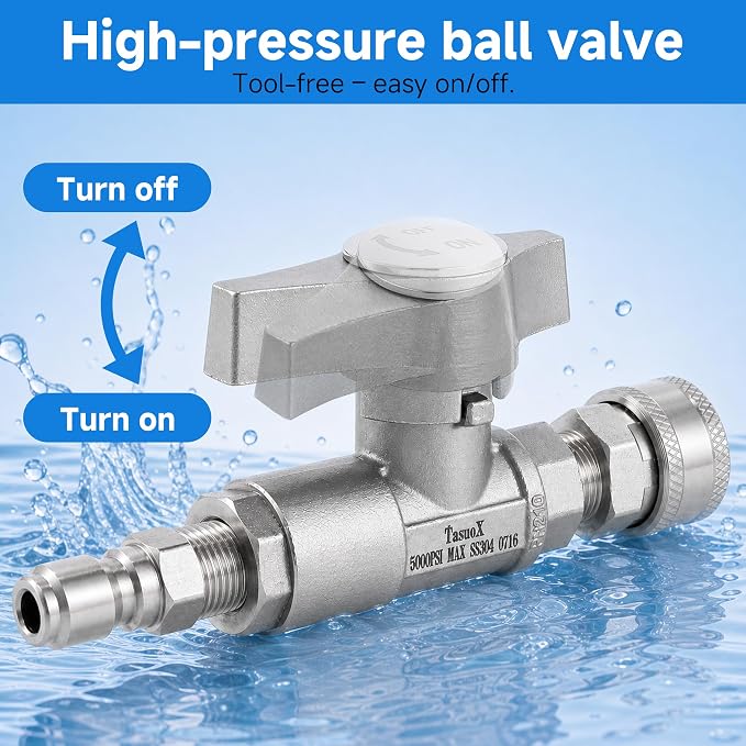 Ball Valve Pressure Washer– 3/8" Quick Connect Shut Off Valve for Power Washer Hose, 5000 PSI, Stainless Steel, Ideal for Fast Switching Between Surface Cleaner & Spray Gun