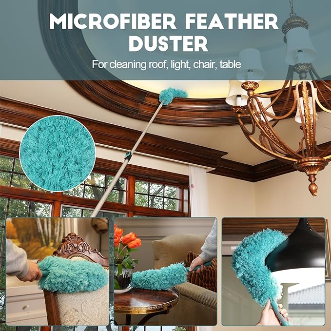TelesPro 30 Foot High Reach Duster Kit with 6-24FT Extension Pole High Ceiling Dusting and Window Cleaning Kit with Telescopic Pole Window Washer&Squeegee,Cobweb Duster,Fan Duster and Feather Duster