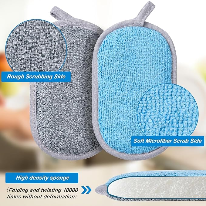 Dual-Sided Multi-Purpose Scrub Sponges, Non-Scratch Dishwashing Sponges for Kitchen, Reusable Microfiber Sponge for Efficiently Cleaning Dishes, High Density Sponge Inside (6 Pack, Large) Gray-Blue