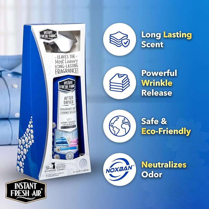 After Dryer Fabric Freshener & Wrinkle Release Spray - For Clothes & Laundry - Luxury Fragrance Odor Remover & Wrinkle Releaser - For Home & Travel - Fresh Linen Scent - 10.1 fl oz.