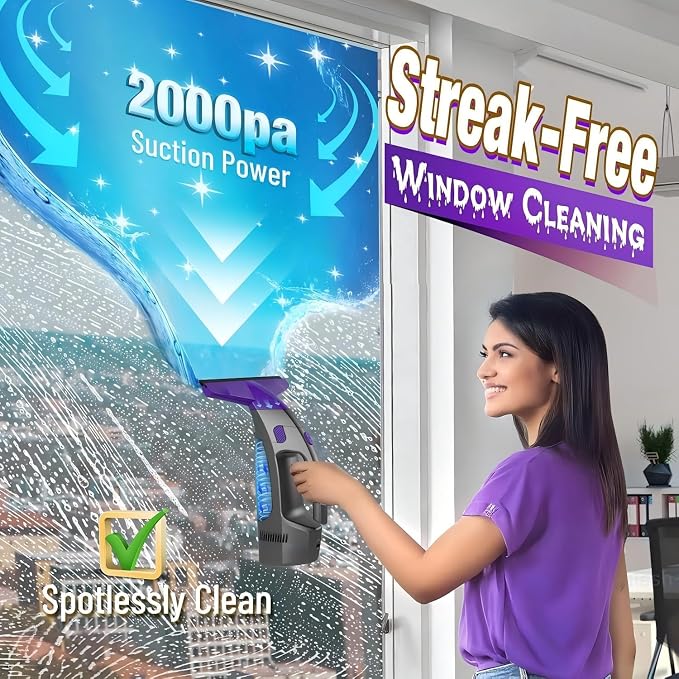 Window Vacuum Squeegee Cordless, 2000Pa Electric Window Cleaner Tool with Spray Bottle & Microfiber Pad, Handheld Window Cleaning Kit for Streak-Free Glass, Shower Doors, Mirrors, Tiles, Car Windows